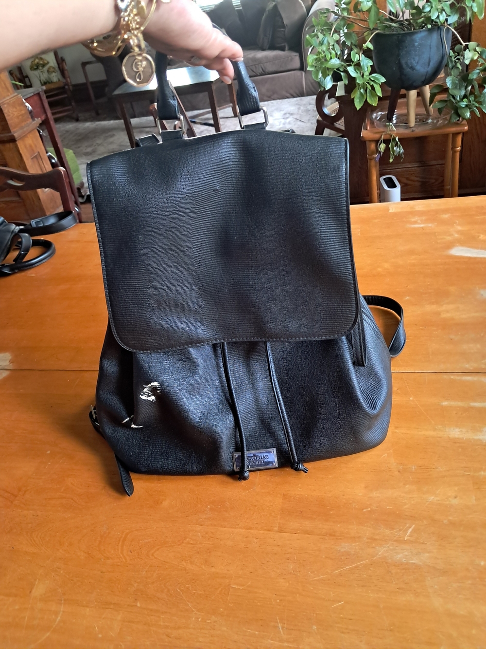 Victorias Secret Black Drawstring Leather Backpack